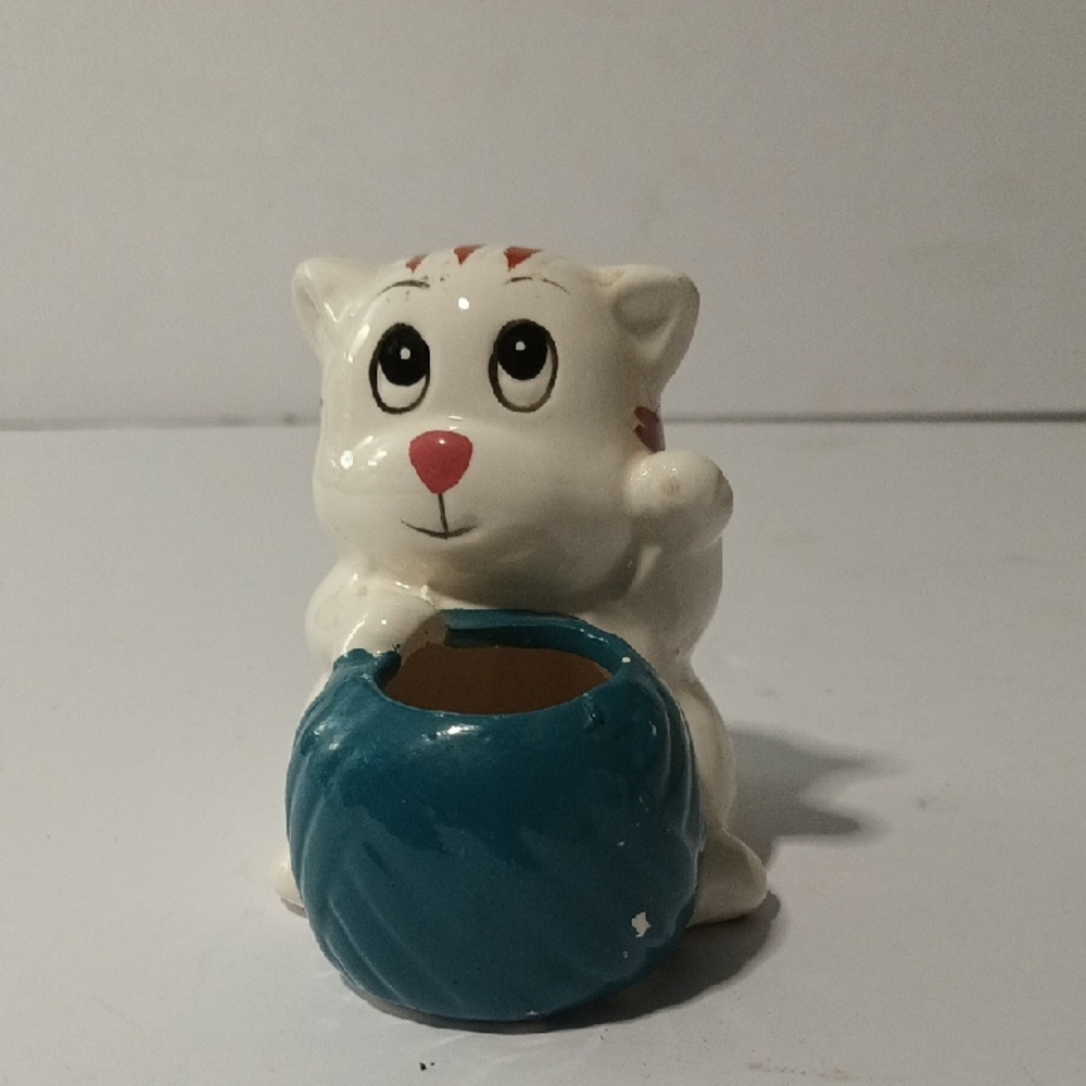 Cute White Cat Figurine with Blue Pot